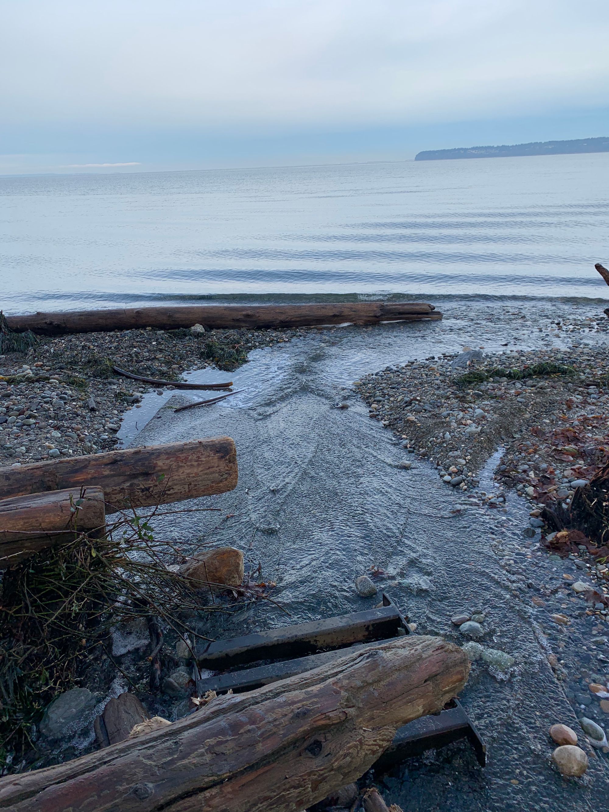 stream and rocky beach, grey water