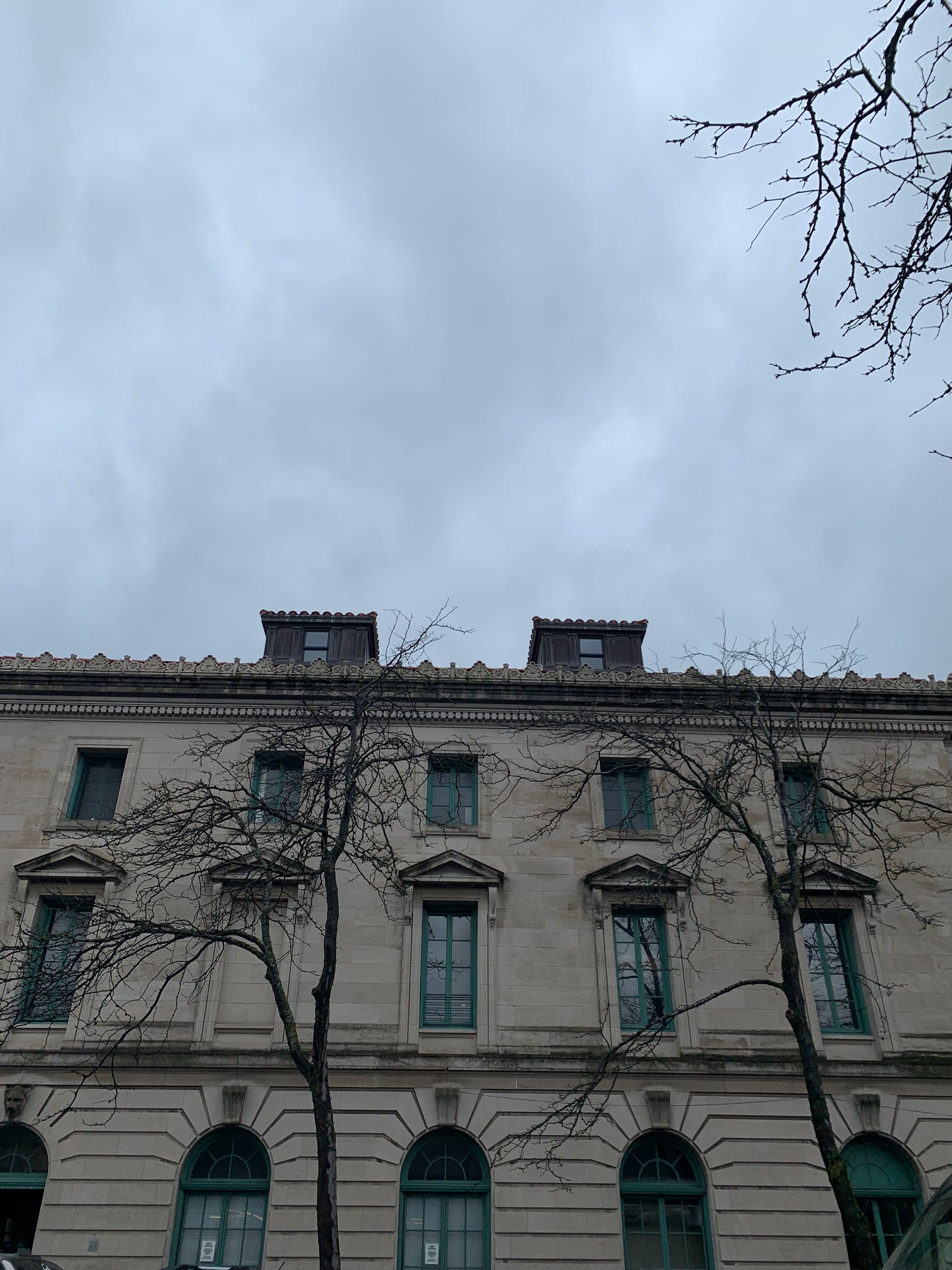 cream colored brick three story buildings with green details, two small windowed outcroppings on roof, leafless trees in foreground