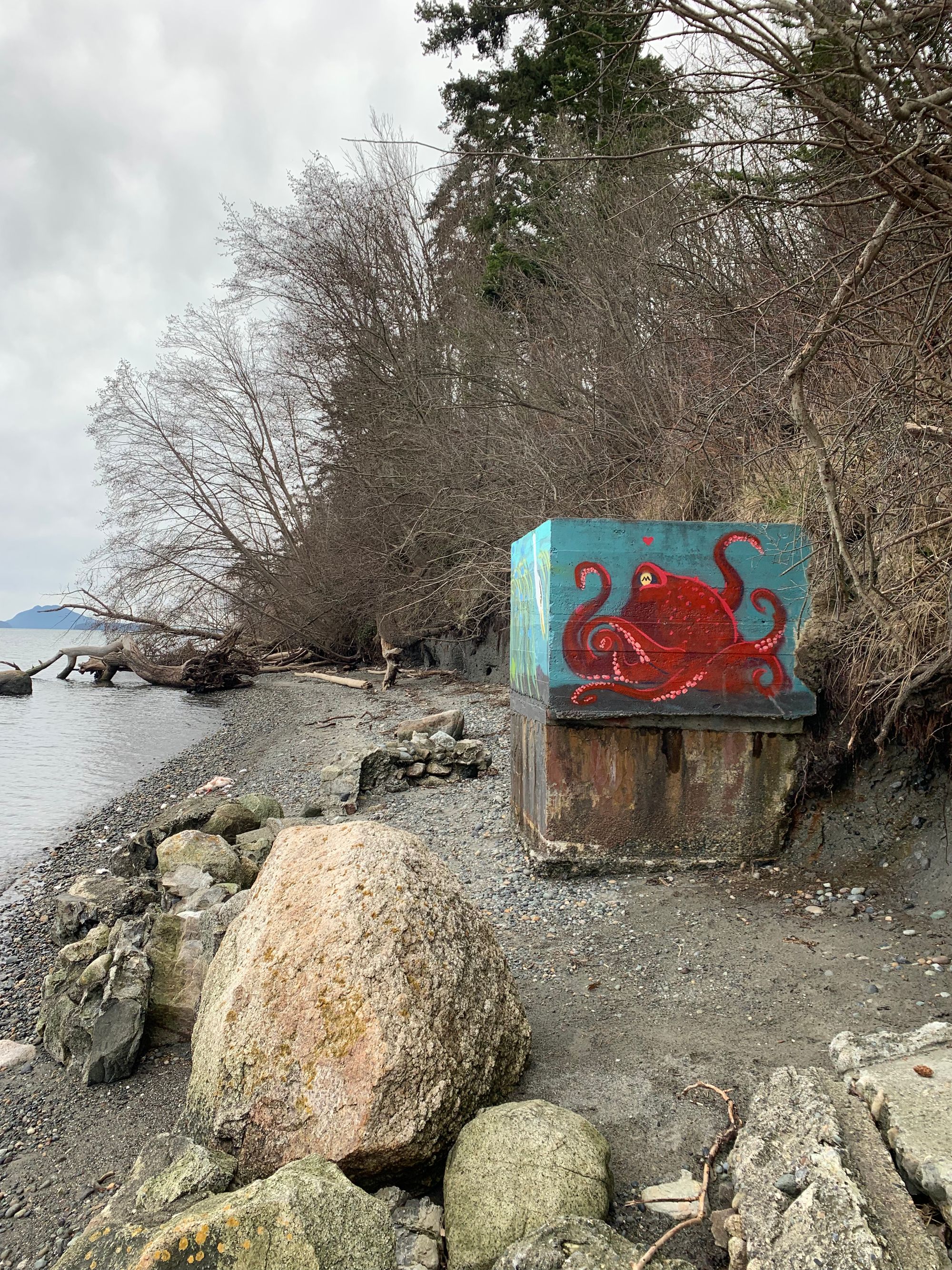 grey beach & grey sky, cement structure with a red octopus mural