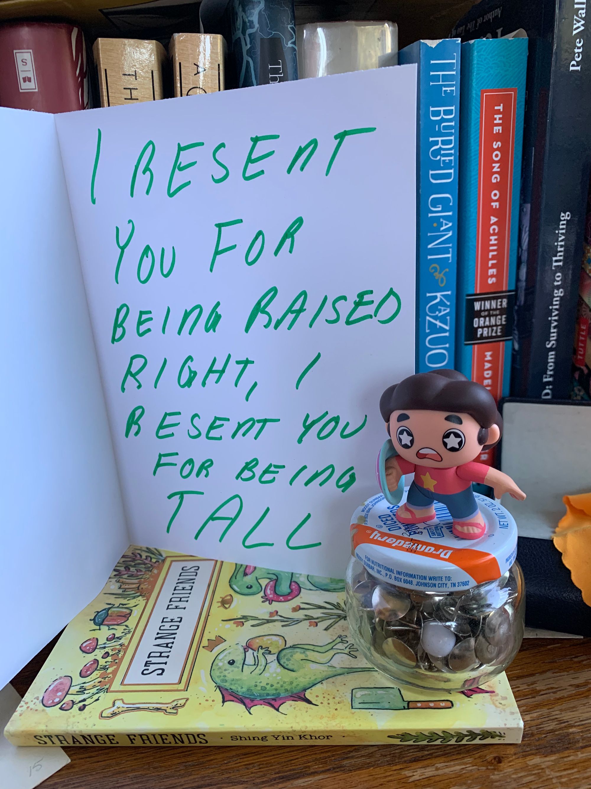 greeting card with 'I RESENT YOU FOR BEING RAISED RIGHT, I RESENT YOU FOR BEING TALL' propped open on a bookshelf with a jar of pushpins & a small Steven Universe figurine