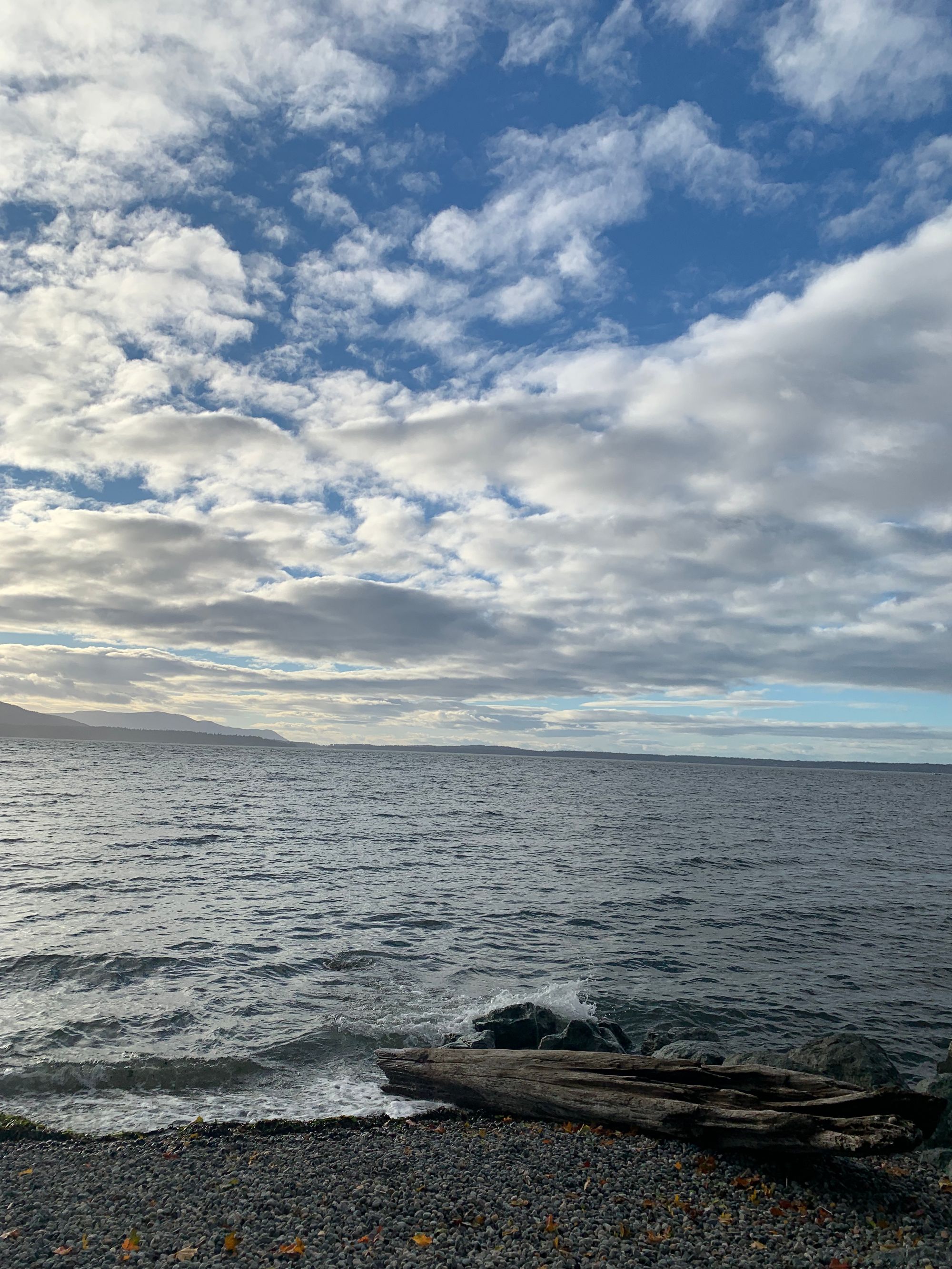 blue sky, white clouds going all the way down to the horizon, grey water with islands in the distance, pebbly beach with log