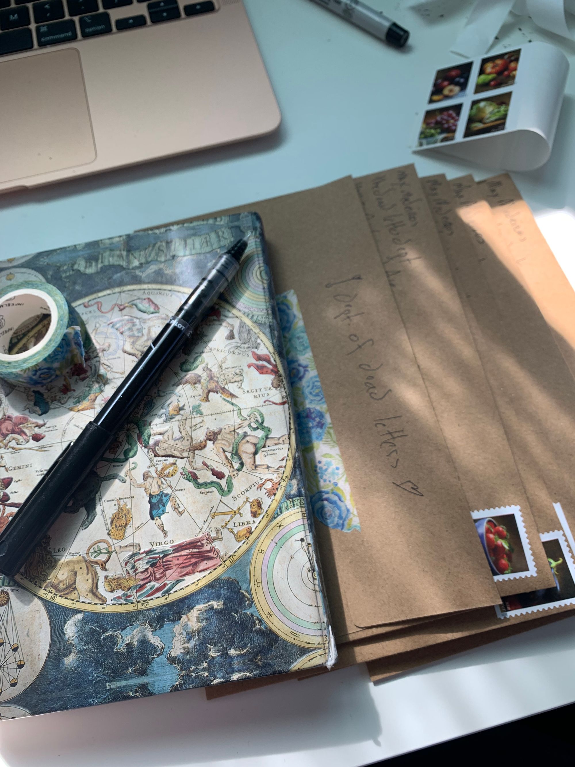 a zodiac notebook, a pen, stamps, and a few brown envelopes