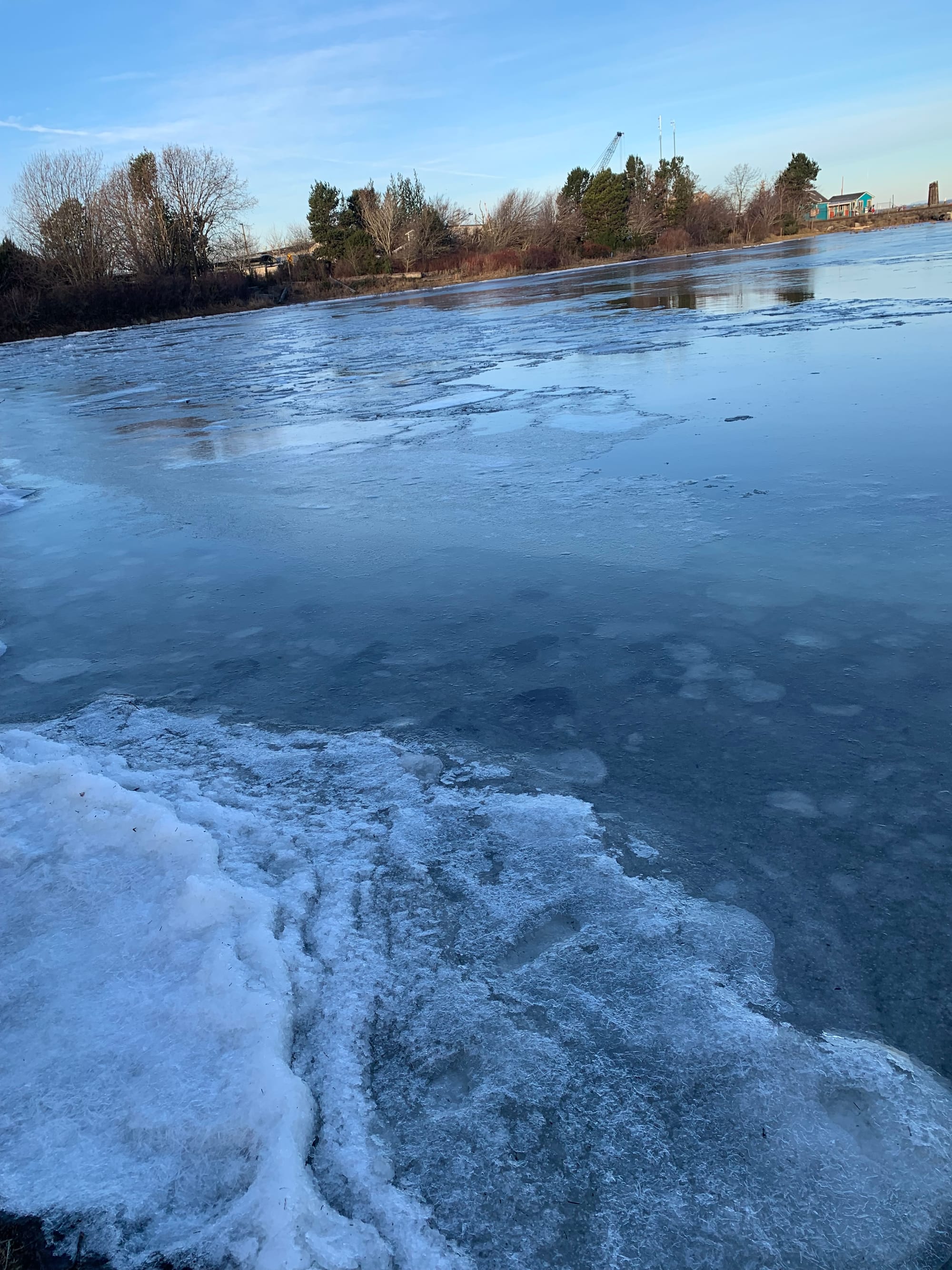 a mostly frozen over lagoon, tree line and small bright colored building in the distance