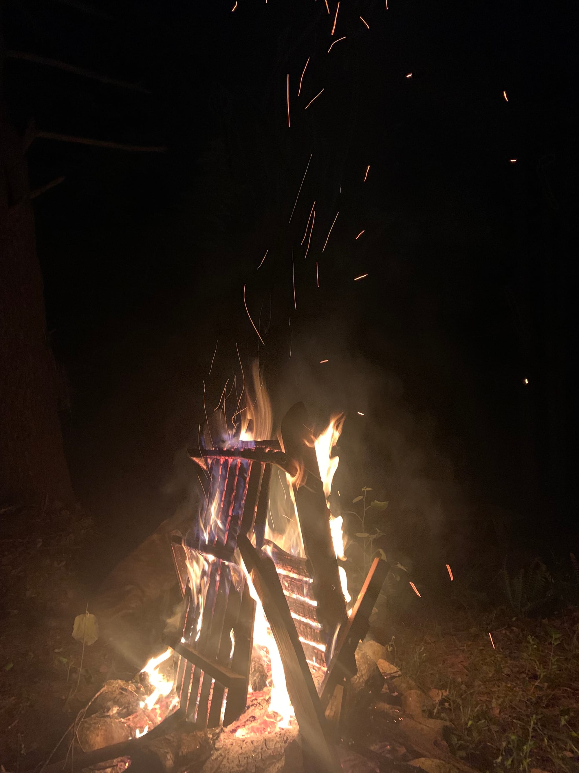 deck chair burning on a bonfire