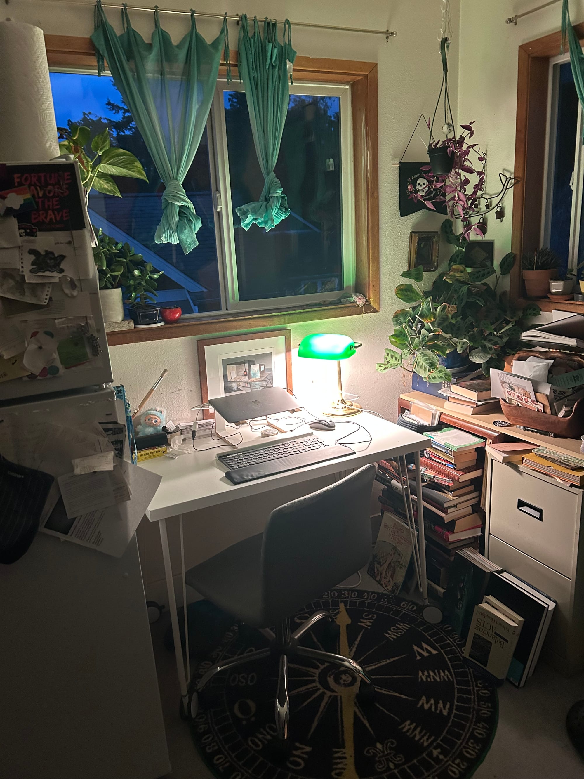 small, messy desk, fridge on the left, full bookshelves on the right, view of early morning deep blue sky out the window
