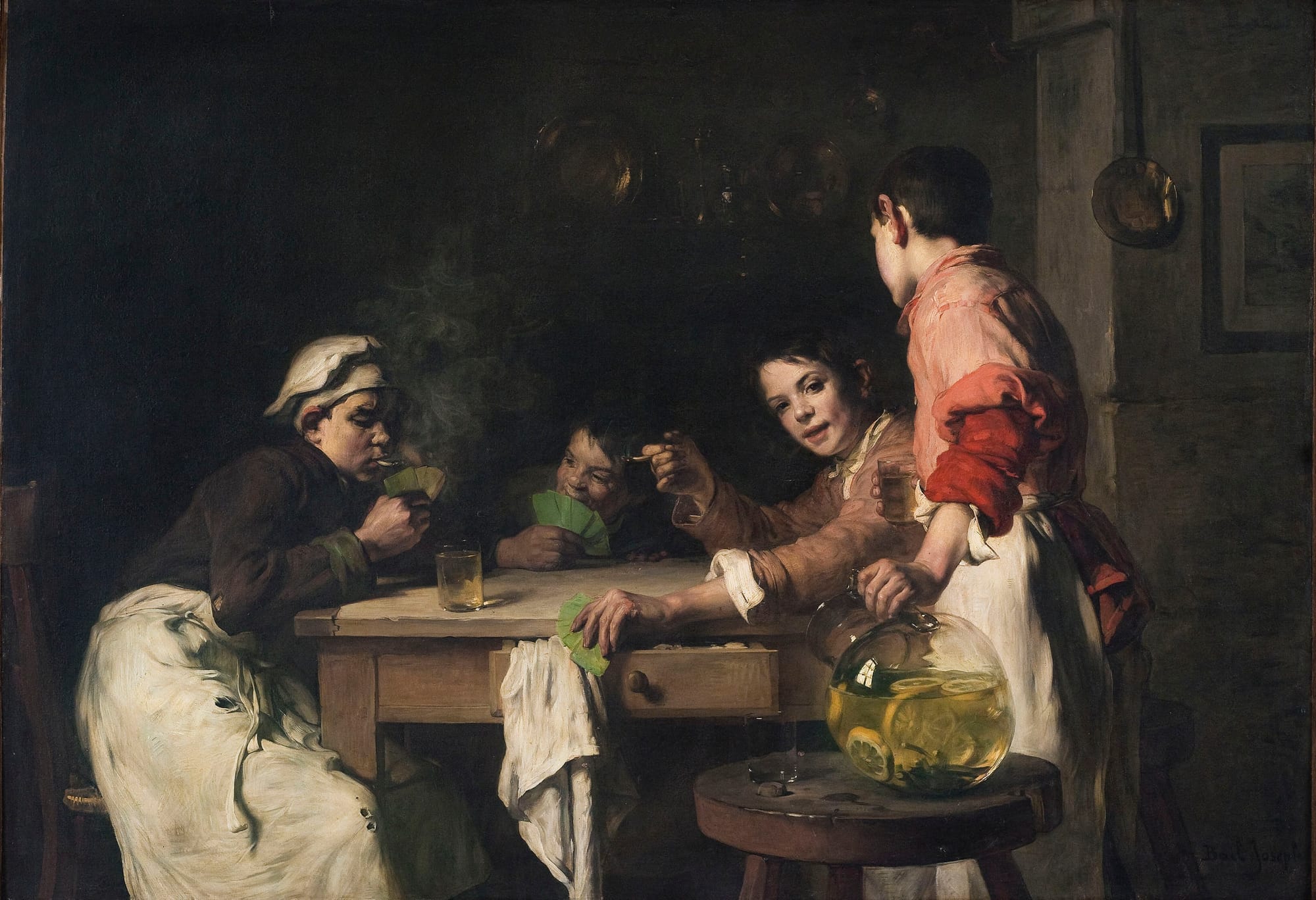A painting of three tired looking young cooks playing cards and smoking, with a fourth holding a large jug
